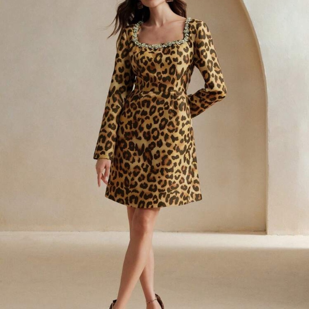 SHEIN Leopard Pattern Long Sleeve Dress